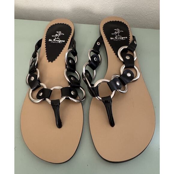 Vintage St Tropez Thong Sandals Sz 37 Vintage Y2K Black Metal Ring Chain Leather - Picture 1 of 4